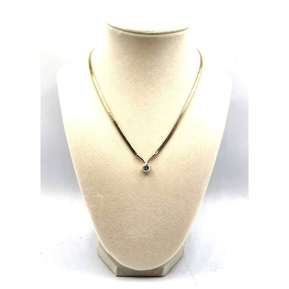 Solitaire Cubic Zirconia Prong Set  15" V Shape Necklace - Picture 2 of 4